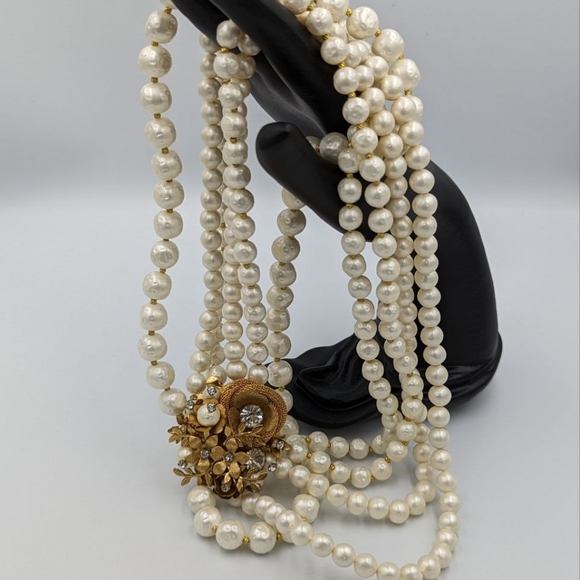 Miriam Haskell Unsigned Multi Strand Faux Pearl Ornate Gold floral & Rhinestone - Picture 10 of 13